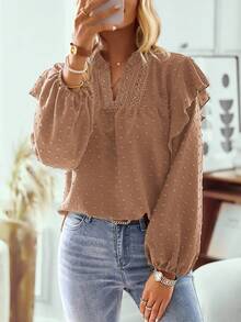 EMERY ROSE Women's Casual Vacation Style Simple Solid Color Keyhole Neck Lantern Sleeve Ruffle Trim Swiss Dot Loose Blouse, Spring/Autumn Fall Cloth For Women Swiss Dot Blouse Long Sleeve Blouse Puff Sleeve Blouse Brown Blouse Ruffle Blouse - Camel - View 4