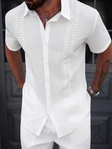 Manfinity CasualCool Bộ áo sơ mi nam cổ điển đơn sắc tay ngắn cài khuy đơn giản - trắng - Xem 4