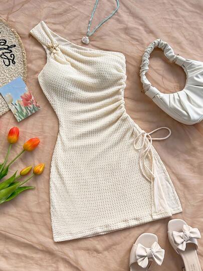  Soleia 女士度假连衣裙，性感优雅的度假连衣裙，杏色针织纹理面料，单肩金属海星装饰，褶饰蝴蝶结，修身中长连衣裙，适合派对、约会、情人节、性感修身、时尚、西部、邮轮、度假、下午茶、海滩、邮轮、海岛度假、城市度假、音乐节、波西米亚度假，百搭内外穿，四季皆宜