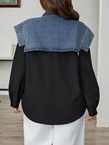 SHEIN CURVE+ 大码女式拼色长款牛仔夹克 - 黑色 - 查看 2