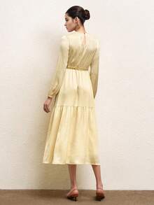 BizChic 2025 Autumn New Champagne Gold Elegant Dress,Textured Ruched Waist Metal Chain Design,Vintage Chic Urban Commute Dining Casual Wedding Guest Party - Navy Blue - View 4