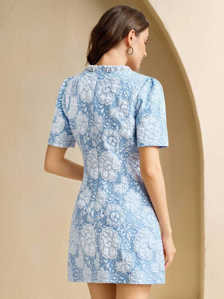 Solid Color 3D Floral Textured Jacquard Pearl & Rhinestone Embellished Round Neck Puff Sleeve A-Line Mini Dress