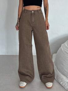 DAZY Women's Loose Korean Style Washed Khaki Casual Street Jeans - Coffee Brown - View 6