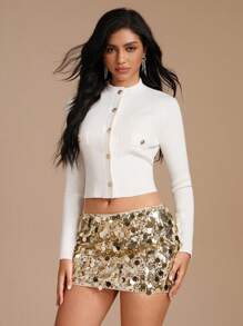 Glamine New Women Gold Knit Sequin Low Rise Slim Sexy Glam Rave Mini Four Seasons Sparkly Skirt, Elegant Glitter Skirt, Chic Bodycon Skirt, Skirt For Women, Cocktail Skirt Short, Club Skirt, Valentine's Day Skirt - Gold - View 2