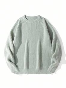 Manfinity CasualKnits 男士休闲纯色圆领插肩袖毛衣，秋冬日常舒适厚实灰绿色OVERSIZE通勤绿色毛衣针织套头衫男士针织毛衣男士套头衫长袖针织毛衣 - 淺灰色 - 查看 6