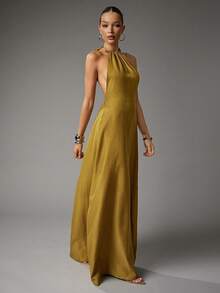 SHEIN Haute Women's Summer Sexy Vacay Neck Metal Detail Low Back Linen Shiny Fabric Maxi Dress - Khaki - View 4