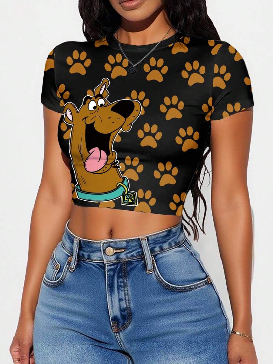 SCOOBY-DOO X SHEIN Camiseta ajustada de manga corta con estampado de dibujos animados para mujer - Blanco - Ver 1