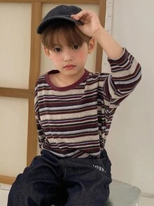 Hapijoa Toddler Boys' Casual Loose Fit Striped T-Shirt, Japanese Style For Autumn - Multicolor - View 4