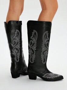 Styleloop Women's Studded, Zipper, Embroidered Decor Chunky Heel Pointed Toe Slip-On Boots, Suitable For Holidays, Outdoor And Etc. - Black - View 1