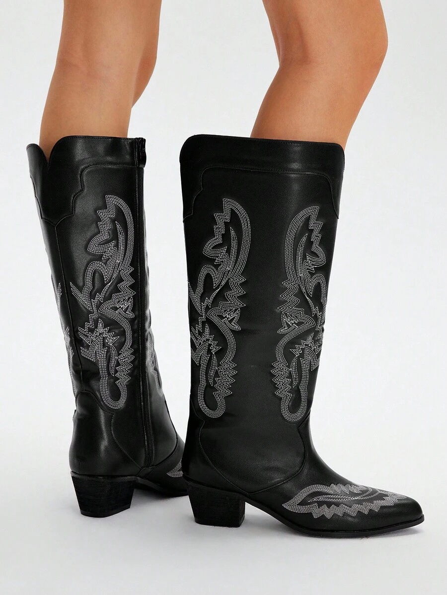 Styleloop Women's Studded, Zipper, Embroidered Decor Chunky Heel Pointed Toe Slip-On Boots, Suitable For Holidays, Outdoor And Etc. - Black - View 1