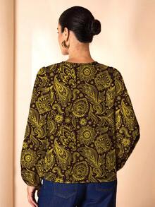 Shutterstock Glamance 女士休闲花卉印花 V 领灯笼袖衬衫，适合春秋季女士衬衫长袖佩斯利印花衬衫波西米亚风女衬衫 - 彩色 - 查看 2