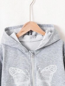 少女粉色蝴蝶印花拉链卫衣，秋冬季款 - 灰色 - 查看 7