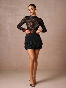 SHEIN x Lina Lumalex 早春3D立体花卉修身A字迷你裙，适合女士，尽显奢华新年新风尚，低调奢华，适合舞会、聚会、宴会、晚宴、节日派对、锐舞派对、音乐节、郊游、度假、户外、婚礼季、宴会、宰牲节、新年派对、晚宴、晚会、秋季派对裙装。 - 黑色 - 查看 4