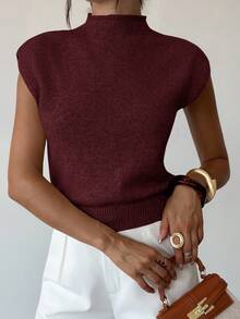 Firerie Elegant High Neck Loose Casual Versatile Sleeveless Knit Sweater Vest In Fall/Winter - Burgundy - View 6