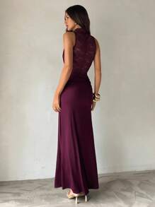 Aloruh Women's Elegant Drap Neck Fitted Lace Pathwork Maxi Dress,Women Night Out Wedding Guest ,Sun Dresses For Women,Fall - Purple - View 7
