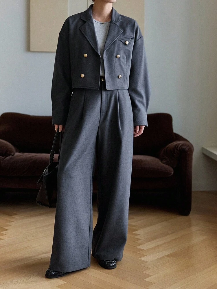 Women's Collared Short Jacket And Belted Straight Leg Pants 2 Pieces Casual Set Fall/Winter