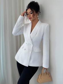 Elenzga Áo khoác ngoài cổ chữ V sâu hai hàng khuy cao cấp phong cách Pháp thanh lịch dành cho nữ, Xuân/Thu - trắng - Xem 5