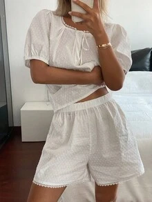 Livesso Bộ đồ ngủ màu trắng thoải mái, rộng rãi, dễ mặc mùa hè mới dành cho nữ - trắng - Xem 8