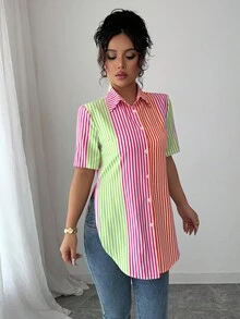 SHEIN LUNE 女士夏季条纹短袖单排扣休闲衬衫 - 彩色 - 查看 5