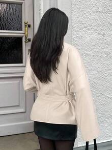 MainGRL Women's Apricot Front Tie Long Sleeve Minimalist Overcoat In Fall/Winter - Apricot - View 2
