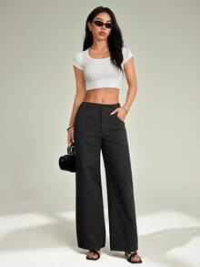 SHEIN PETITE 女士休闲时尚夏季度假条纹印花口袋宽松长裤，适合日常穿着 - 黑色 - 查看 3