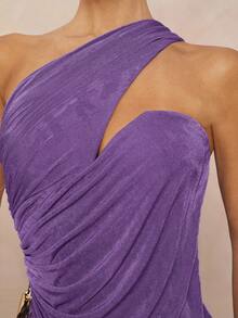 Lumalex Metal Decor Asymmetrical Ruffle Drape Bodycon Mini Dress For Women - Purple - View 8