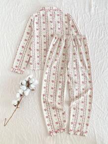 2pcs Girls Casual Ditsy Floral Long Sleeve Top And Pants Loungewear Set