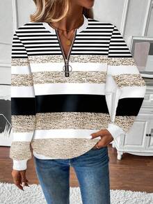 EMERY ROSE Women's Fashion Sweatshirt, Round Neck, Long Sleeve, Half-Zip, Contrast Ribbed Collar, Cuffs And Hem, Asymmetrical Striped Print, Grey Fall Cloth For Women