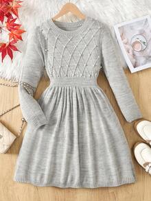 SHEIN 青少年女孩休闲时尚百搭针织钻石麻花针织串珠长袖束腰连衣裙，适合周末、休闲外出、返校、万圣节、圣诞节、新年 - 淺灰色 - 查看 2