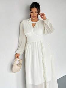 Firerie 大码女式优雅通勤精致杏色 V 领镂空长袖雪纺荷叶边下摆长裙/秋季返校优雅浪漫连衣裙/生日派对舞会连衣裙/沙滩度假连衣裙 - 杏色 - 查看 4