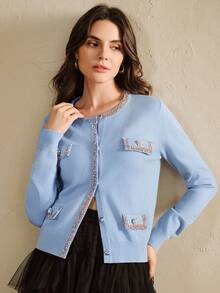 Anewsta Cardigan élégant pour femmes avec détail de rabat décoré de strass, automne