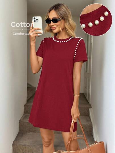 Easowa 夏季新款珍珠装饰圆领珍珠短袖黑色长款T恤连衣裙，适合休闲日常穿着