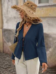 Brillora Camisa holgada de manga larga con vuelo y ajuste regular de unicolor tejida para mujer, ideal para vacaciones