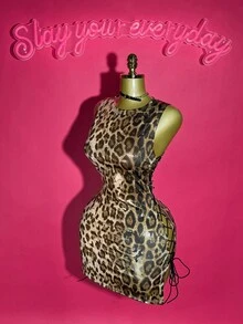 Slaydiva 2025 年夏季新品，适合生日派对、返校、校园风格、日常穿着、休闲装、度假装、邮轮旅行、海滩、日光浴、病毒式、街头服饰、性感俱乐部、圆领无袖、紧身迷你连衣裙、侧镂空、系带、性感、夏季迷你连衣裙、女式连衣裙、猎豹印花连衣裙 - 金色 - 查看 1