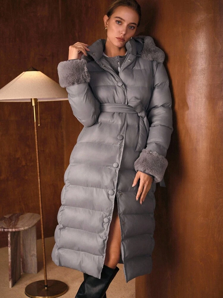 CONTRAST FURRY TRIM HOODED WINTER COAT, FALL