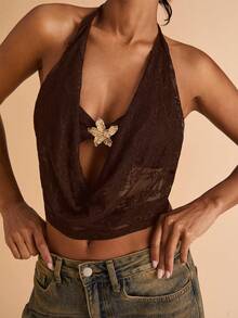 SHEIN BAE Áo hở lưng hở vai họa tiết hoa kim loại gợi cảm cho nữ - Cà phê nâu - Xem 6