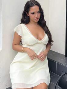 NegzBox 优雅性感荷叶边袖A字型深V领迷你连衣裙，女款，后系带 - 黃色 - 查看 6