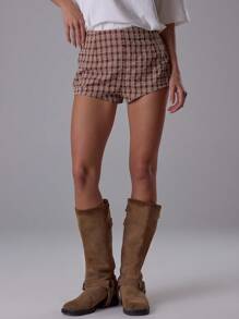 MUSERA 格纹条纹修身迷你短裤 夏季街头风 Y2K 酷女孩 海滩 西部 城市 缪斯 度假 纳什维尔 冬季 - 棕色 - 查看 4