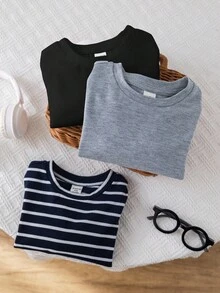 SHEIN 3 件套黑白条纹纯色圆领长袖套头衫，柔软舒适，百搭休闲装，适合男婴和女婴，适合春秋季节 - 彩色 - 查看 5