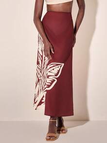 CAJUNI 女式热带波西米亚风格热带植物叶印花棕色长裙 - 綠色 - 查看 4