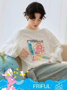 FRIFUL SHEIN X Care Bears 女士圆领撞色网眼拼接宽松卡通图案前长袖休闲T恤 - 白色 - 查看 11