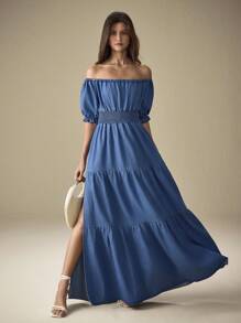 Selenza Robe longue en jean avec manches bouffantes courtes et épaules dénudées, taille froncée - Bleu azur - Voir 4