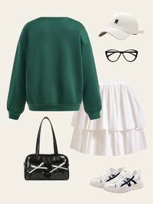 SHEIN 2pcs/Set Girls Sweatshirt & Pleated Skirt Suit, Retro American Style Sweatshirt & Cake Skirt Set, Back To School Outfit, Tween Girl Collegiate Sportswear Fall Winter - Green - View 8