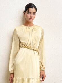 BizChic 2025 Autumn New Champagne Gold Elegant Dress,Textured Ruched Waist Metal Chain Design,Vintage Chic Urban Commute Dining Casual Wedding Guest Party - Navy Blue - View 2