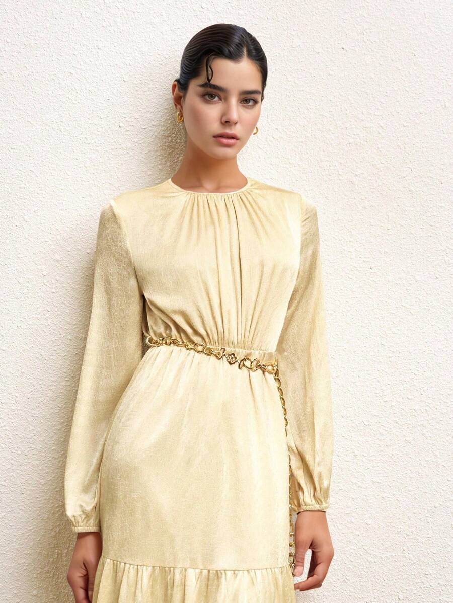 BizChic 2025 Autumn New Champagne Gold Elegant Dress,Textured Ruched Waist Metal Chain Design,Vintage Chic Urban Commute Dining Casual Wedding Guest Party