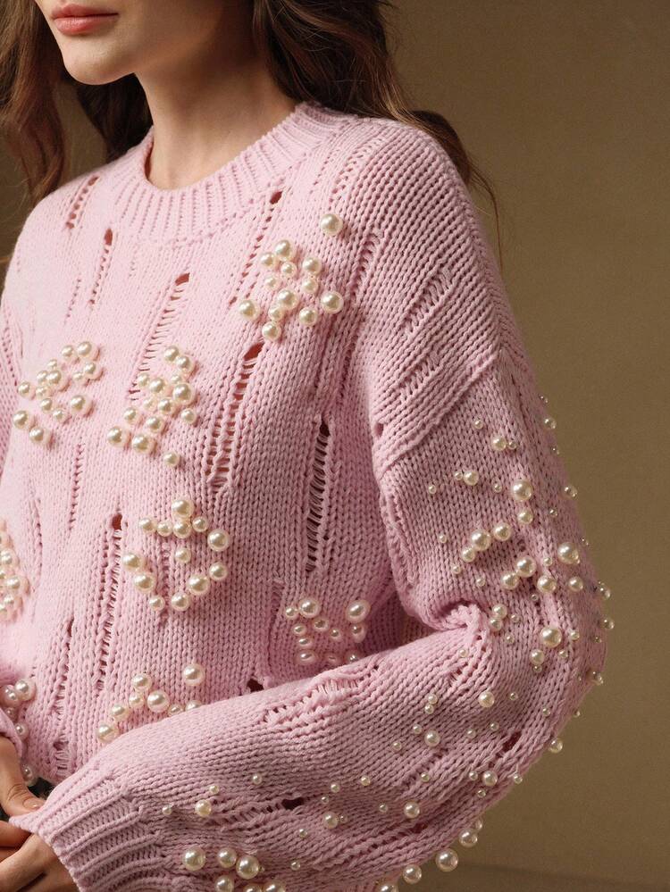 Autumn/Winter New Arrival Cute Pink Sculptural Pearl Hollow Out Crew Neck Long Sleeve Women Sweater