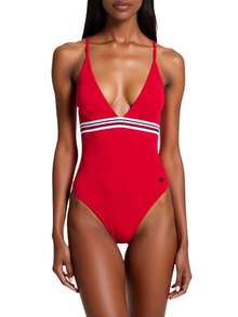 Tommy Hilfiger Global Stripe Plunge Neck Women's Swimsuit Red - Red - View 2