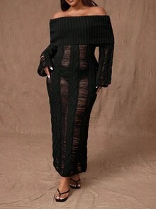 Rustia Plus Size Women's One-Shoulder Long Sleeve Distressed Fitted Sexy Knit Dress Winter Fall Autumn - Black - View 4