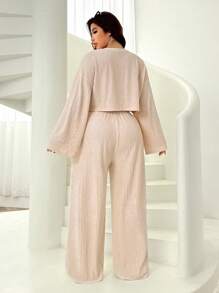Solflare Conjunto de 2 piezas para mujer talla grande, top de manga larga de cuello redondo y pantalones de unicolor, para otoño/invierno - Albaricoque - Ver 2