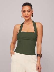 Silquee Women's Solid Color Pleated Fitted Halter Neck Camisole - Army Green - View 6